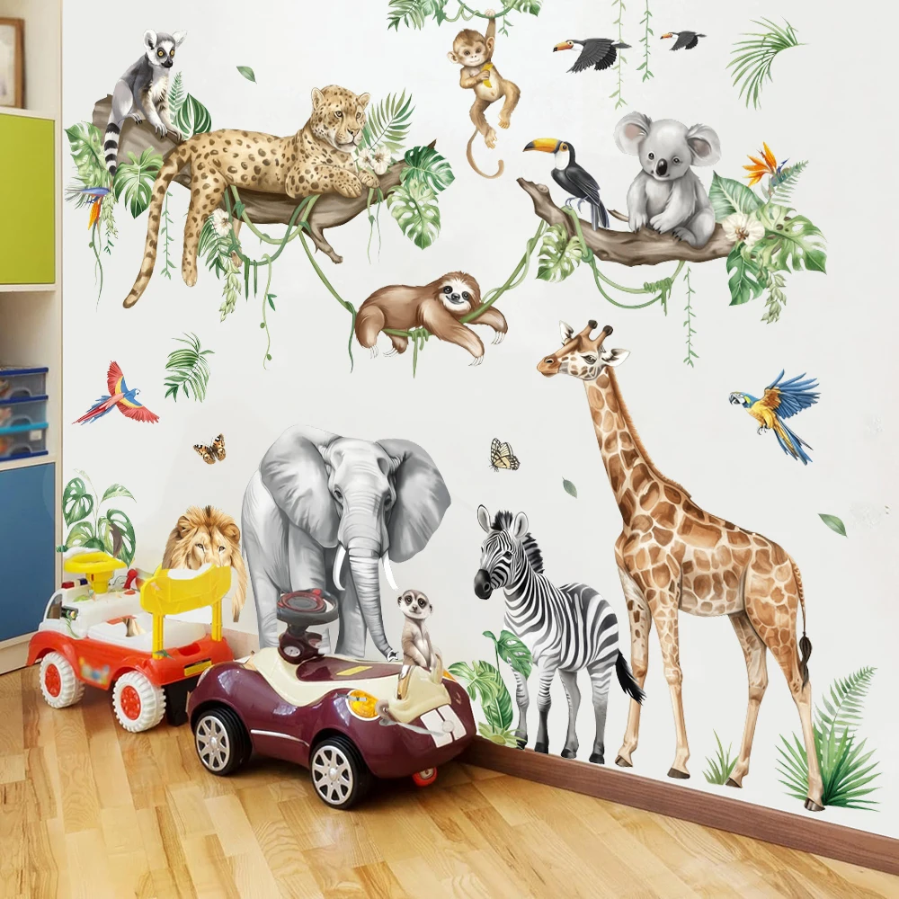 Große Dschungeltiere auf Baumzweigen Wandaufkleber, Safari Elefant Leopard Giraffe Wandtattoo Schlafzimmer Spielzimmer Dekoration
