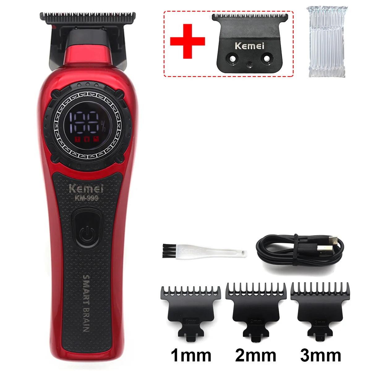Kemei KM-999 Haarschneider für Männer, DLC T-Blade Zero Gapped LED-Anzeige, kabellose USB-Profi-Haarschneidemaschine, Finishing-Maschine