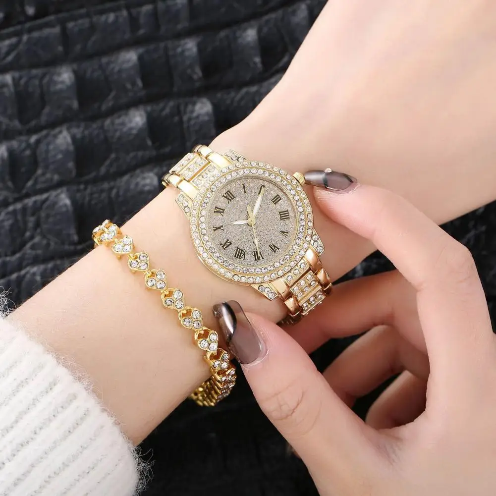 

2Pcs/Set Watch Bracelet Kit Round Dial Pointer Display Accurate Adjustable Decor Women Full Rhinestones Quartz Watch Bangle