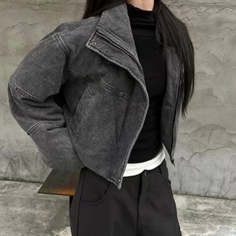 

Retro Stand Up Collar Zipper Fashionable Vintage Cotton Clothing 2025 Autumn and Winter New Denim Women's Clothing