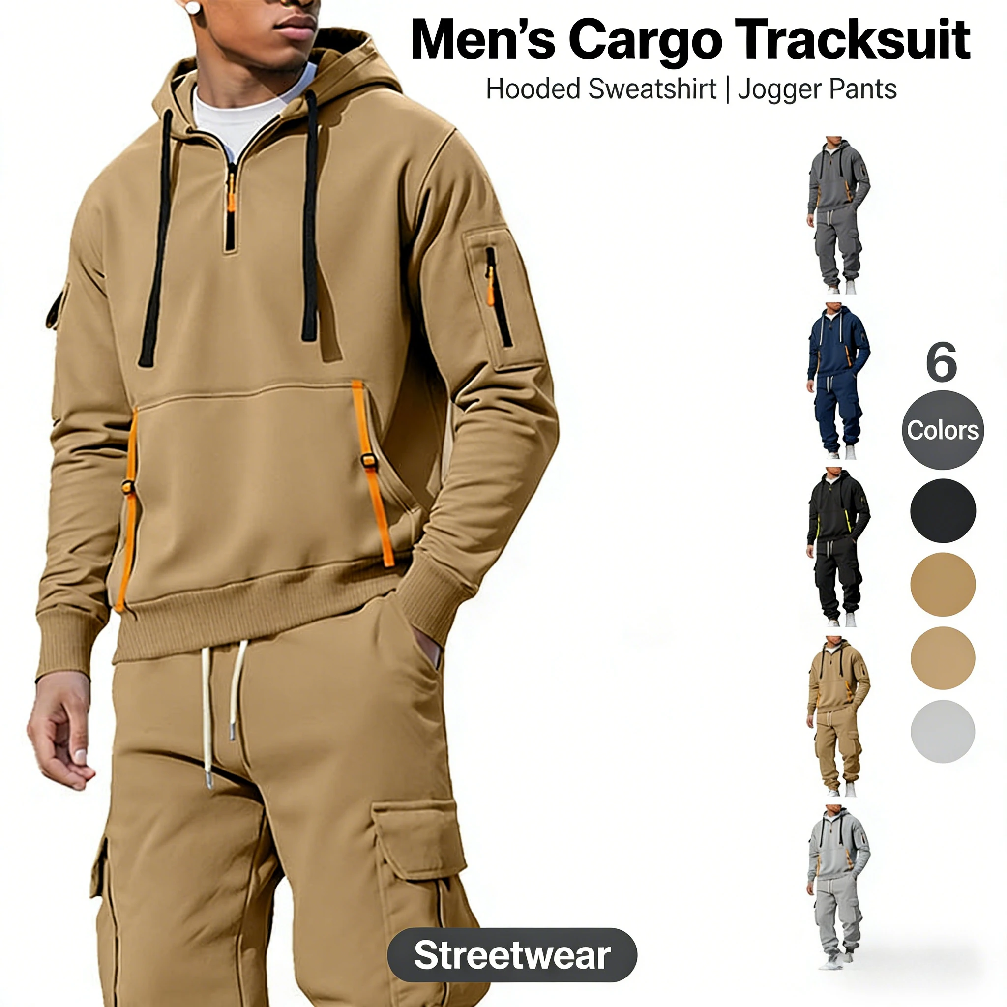 

Autumn and Winter Men's Fleece Sweater Fashion Hoodie Zipper Multi-Pocket Carhart Overalls Set