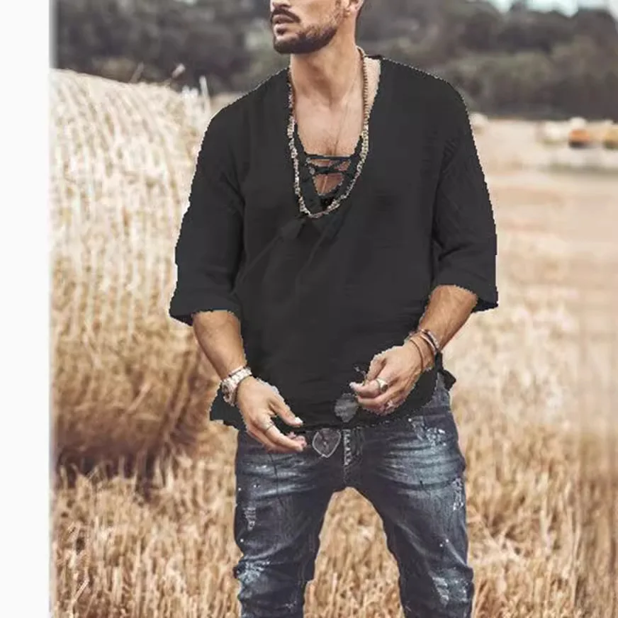 

New Popular Men's Chest Strap Medium Sleeve T-shirt Shirt 2025 Europe and America