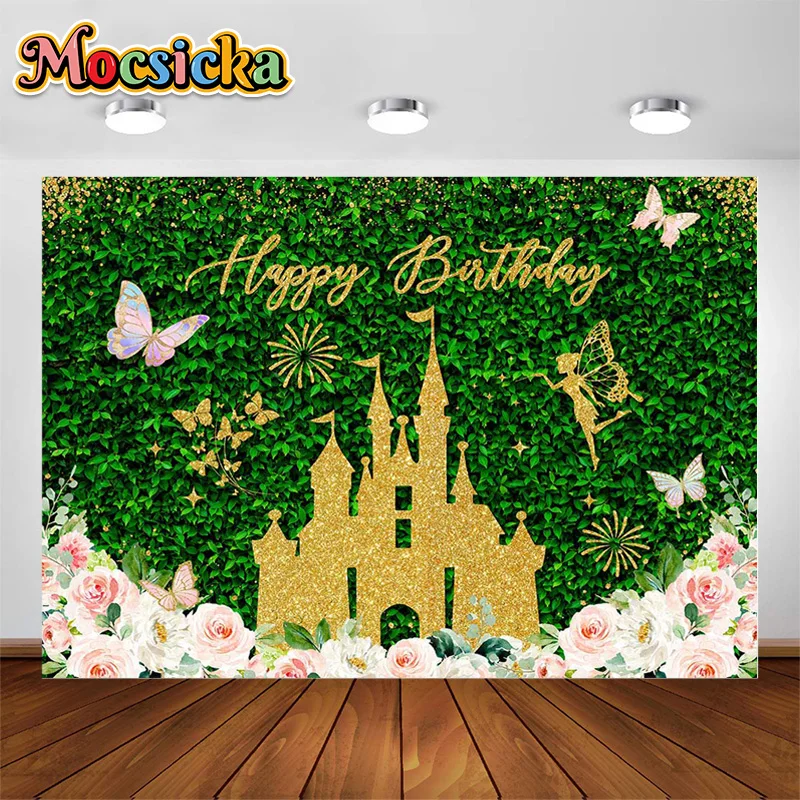 

Happy Birthday Photography Backgrounds Elf Flower Castle Butterfly Grass Wall Decoration Girl Portrait Photo Backdrops Photocall