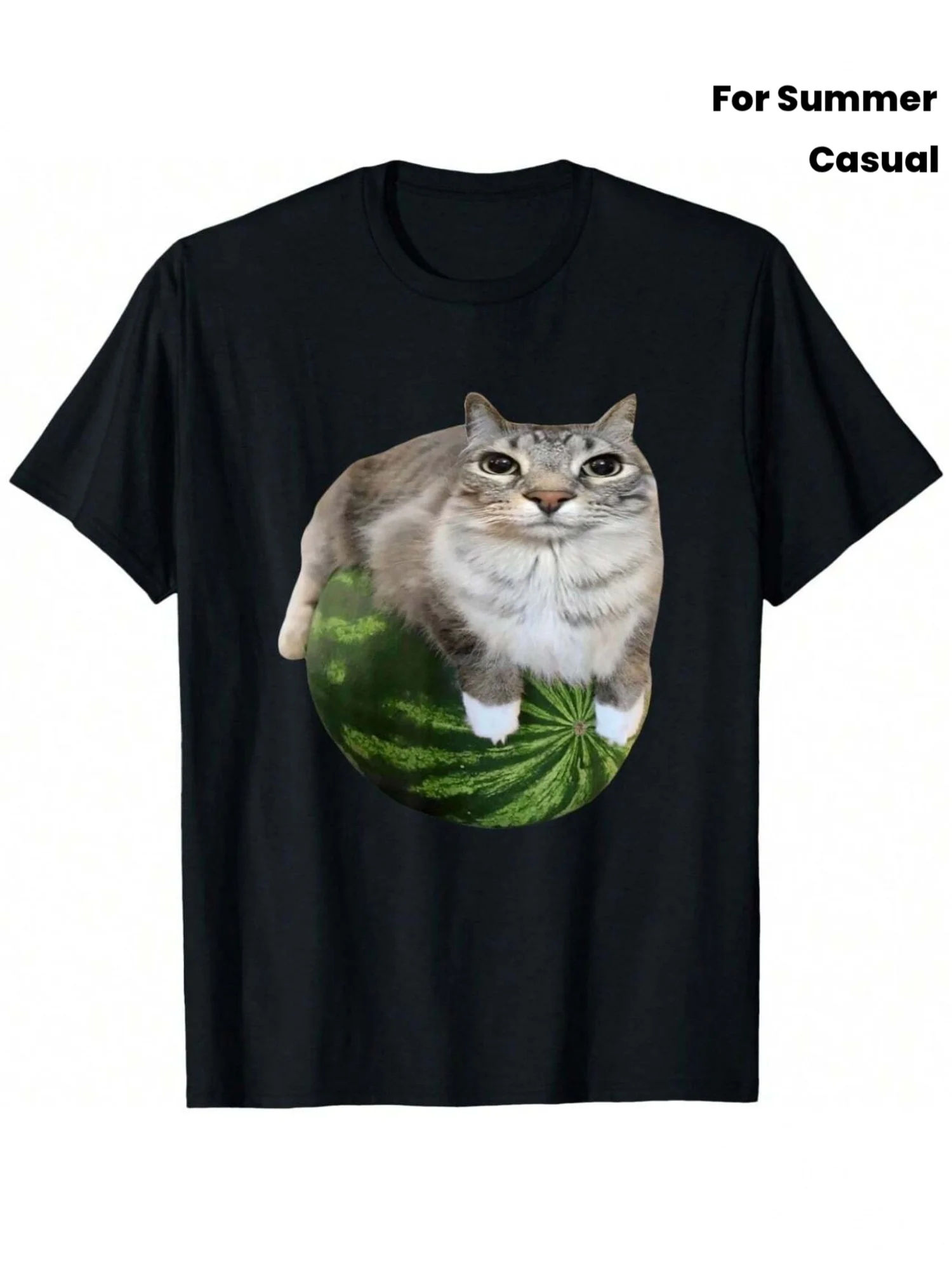 Women'S Casual Black Short-Sleeve Shirt for Summer, Featuring a Fun Design with Cats And Watermelons, Showcasing a New Way for 'Meow' to 'Hold' a Watermelon, Perfect for Casual Wear