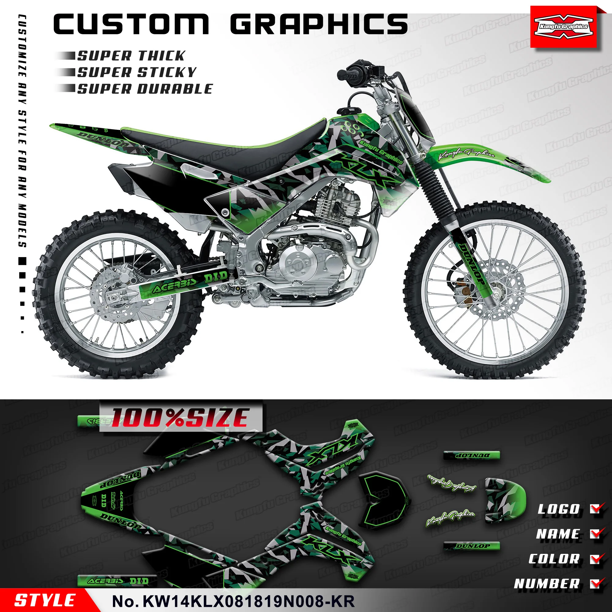 

KUNGFU GRAPHICS Adhesive Decals Skin Graphics for KLX 140 KLX140 2008-2020, KW14KLX081819N008-KR