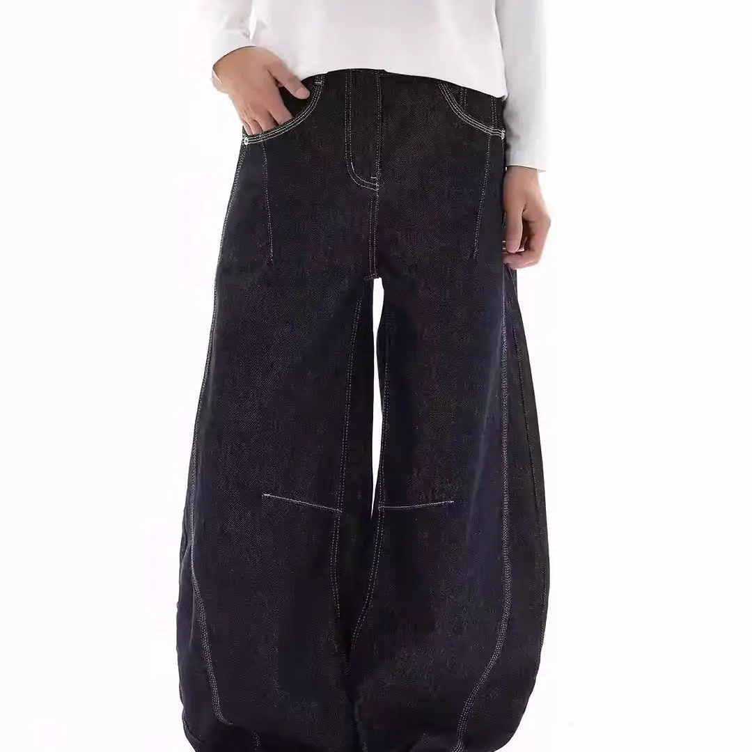 

Женские простые синие джинсы в американском стиле ретро High Street, осень 202, свободные широкие джинсовые брюки, уличная одежда, повседневные мешковатые брюки