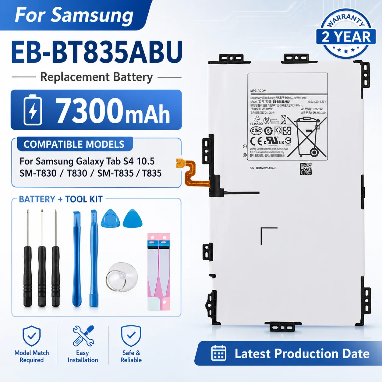 

New High Capacity EB-BT835ABU 7300mAh Tablet Battery for Samsung Galaxy Tab S4 10.5 SM-T830 T830 SM-T835 T835 Repair Cell