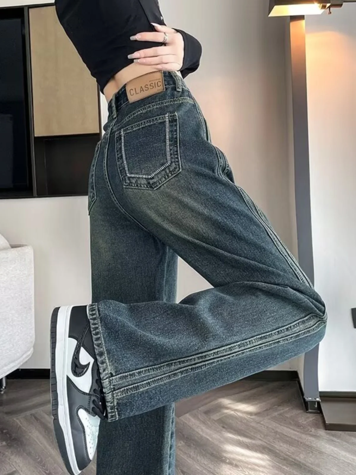 

High Waist Straight Leg Denim Jeans Women's Spring Autumn High Rise Loose Slimming Taller Floor Length Wide Leg Pants