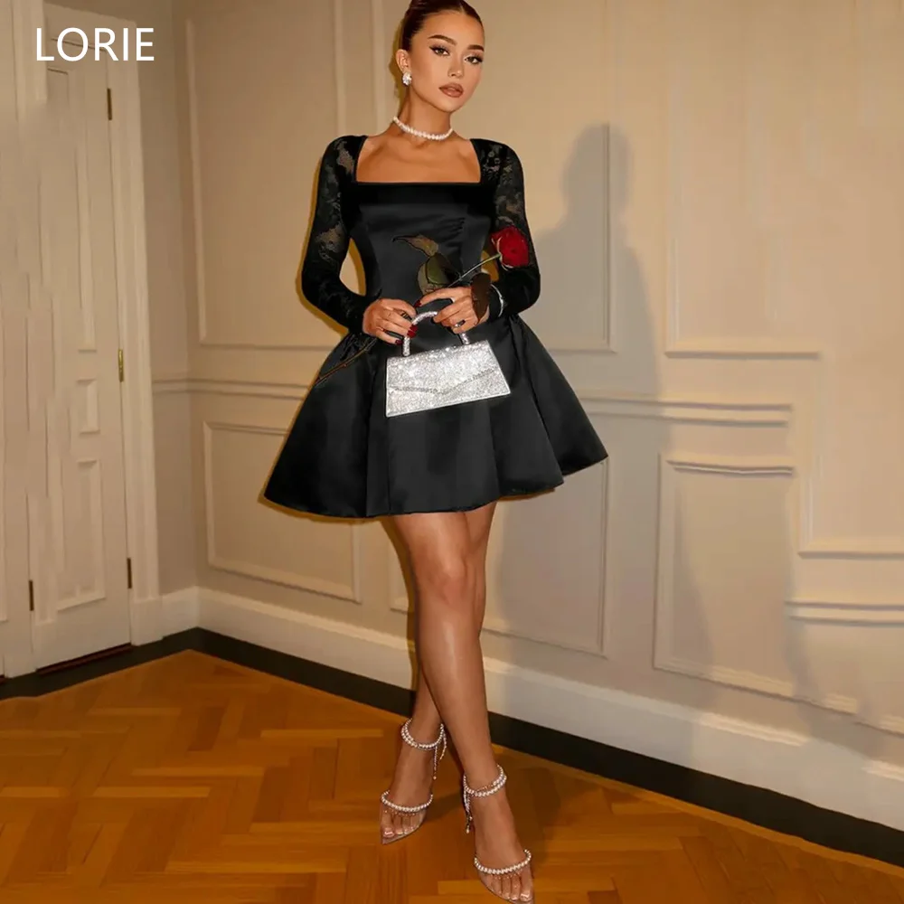 

LORIE Charming Mini Satin Party Dresses Square Collar Lace Full Sleeves A-Line Evening Prom Dress Sexy Cocktail Dress Customized
