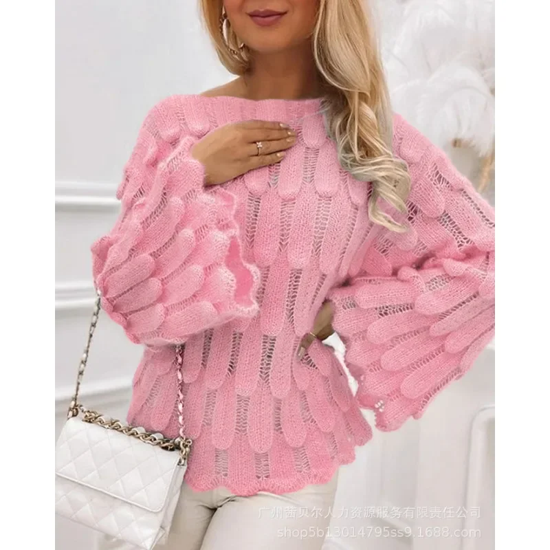 Autumn Winter New Women\'s Elegant Texture Knitted Sweater Can Be Diagonal Collar Wear Casual Fashion Tops