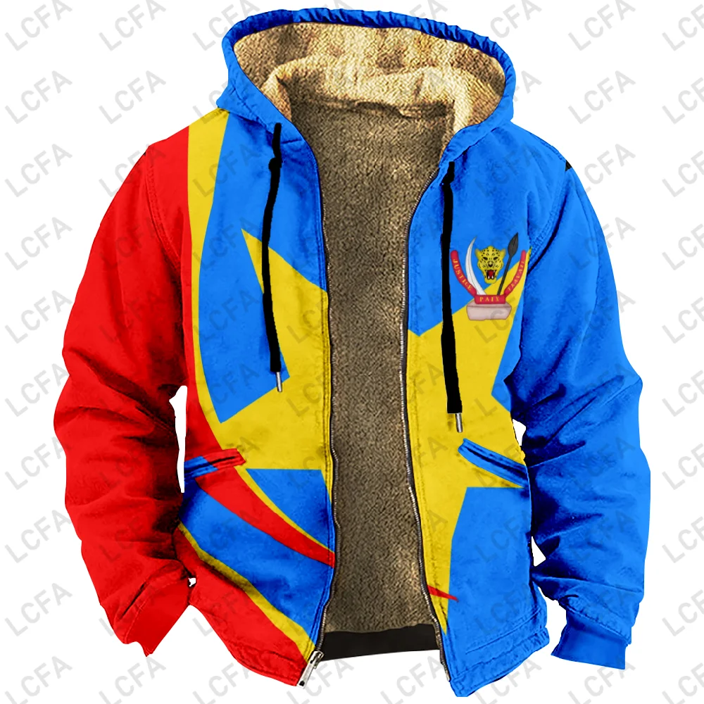 3D Print Winter Men's Zipper Hoodies Congo Flag Pattern Men Women Cold Clothing Long Sleeve Sweatshirt Jacket Overcoat Custom