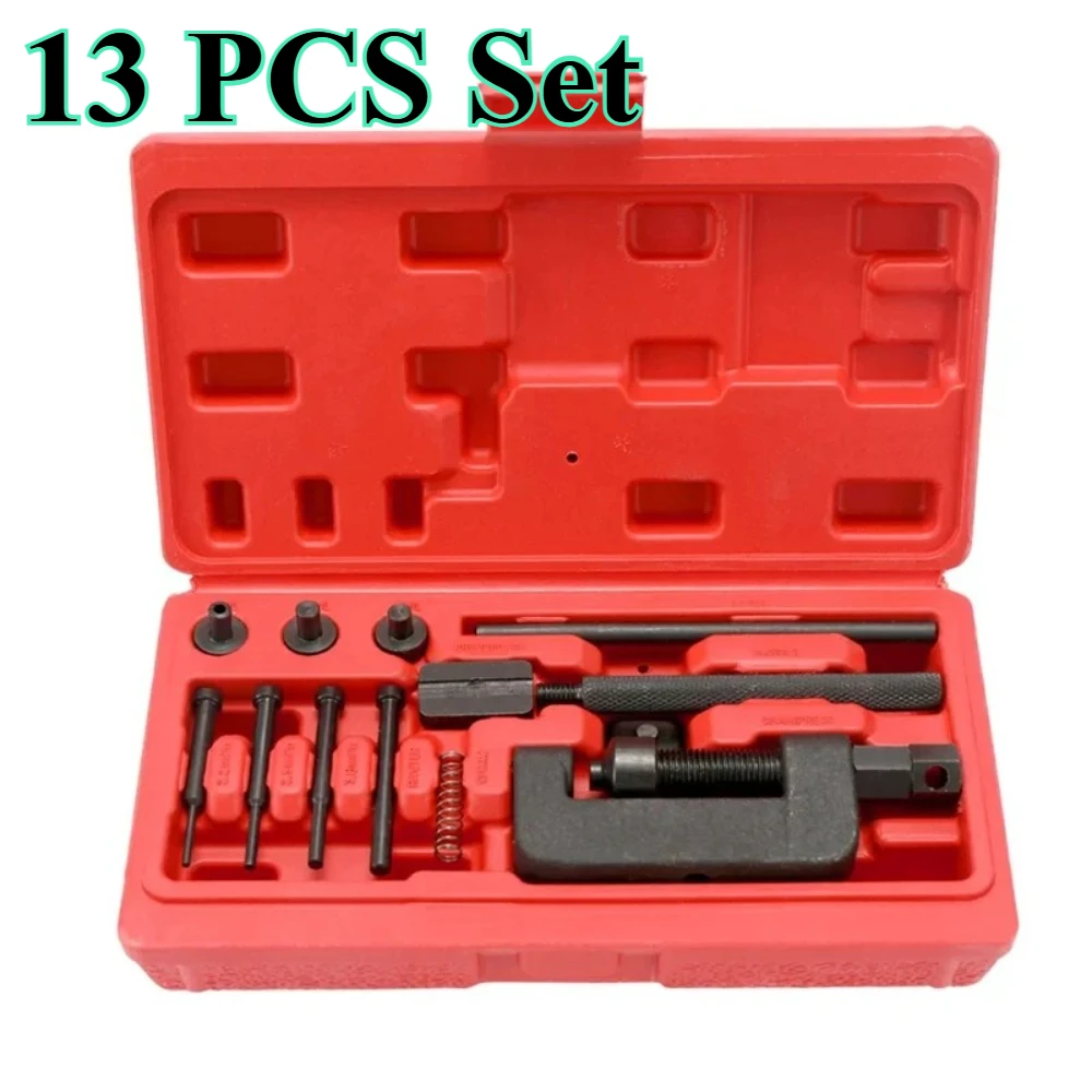 

13Pcs Heavy-Duty Motorcycle Bike Chain Riveting Repair Tool Kit with Red Case Cam Drive Splitter Link Riveter Set