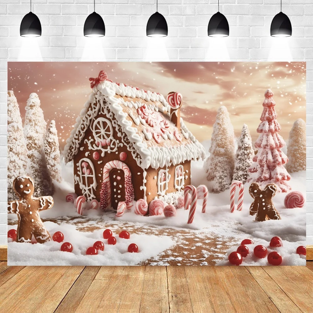 Christmas Gingerbread House Backdrop Photography Winter Snowy Candy House Decor Cake Smash Kids Portrait Photo Background Studio