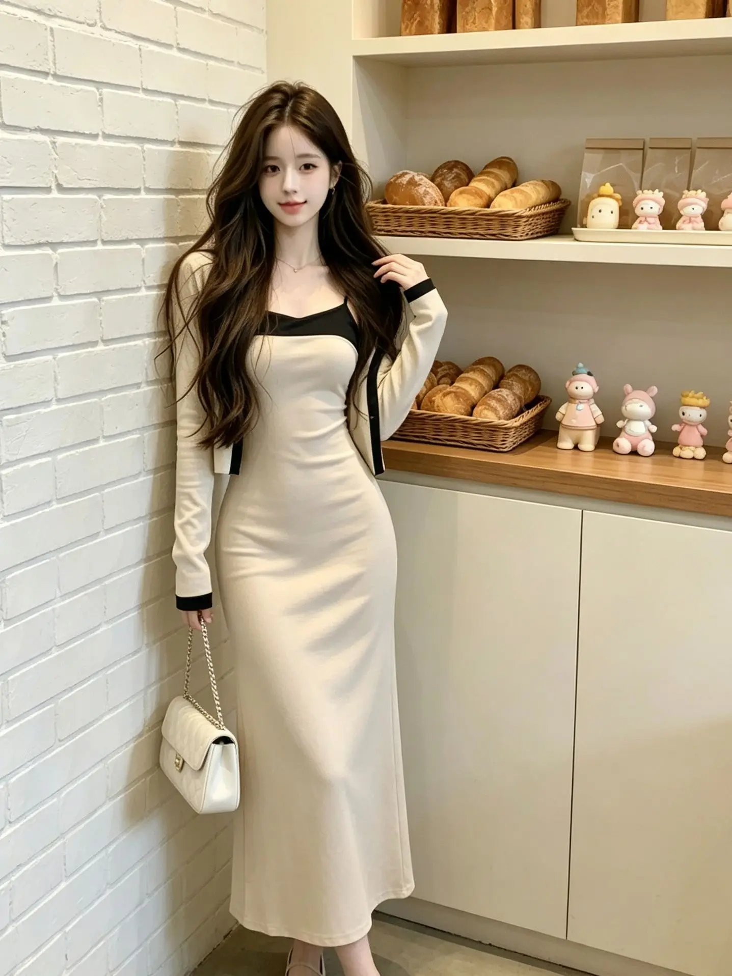 Korean Style Elegant Open Cardigan Strap Dress Two Piece Set Sexy Slim Fit Color Block Long Skirt Spring Autumn Fashion Set