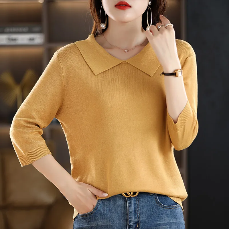 

Women's T-shirt Spring/Summer Worsted Doll Collar Knitwear Casual Ladies Tops Loose Blouse Basic Pullover Tees Quarter Sleeve