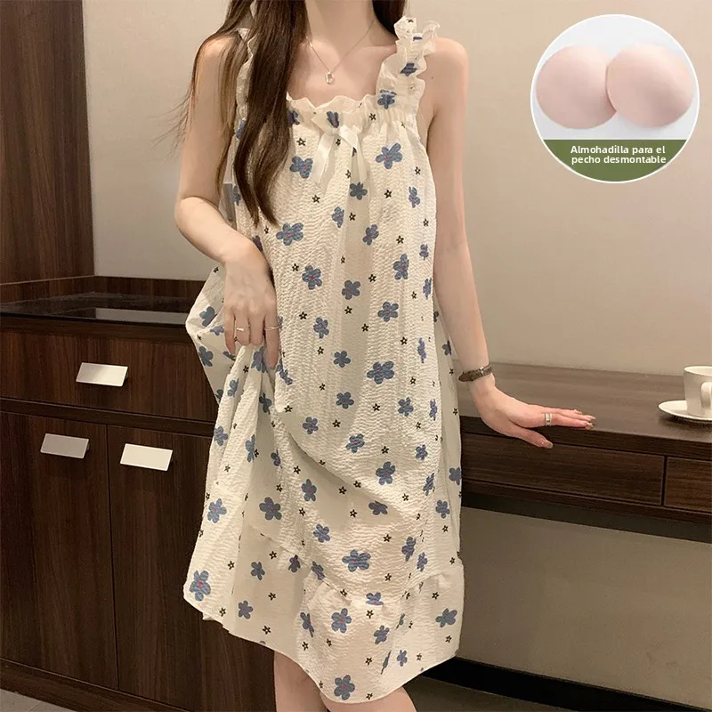 Summer New plus Size Women's Sleepwear with Chest Pad Strap Long Dress Style Home Clothes  Knot Sweet Style Pure Color