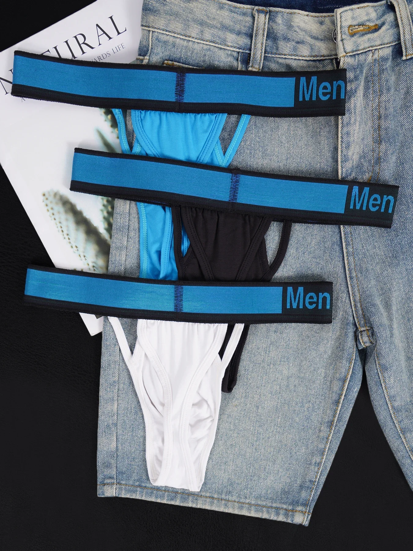 Men's Modal Soft Skin-Friendly Lightweight Thong, Front Double Hollow Out Design, Contrast Waistband Breathable