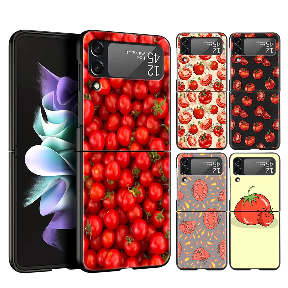 Fruits Tomatoes Pattern For Samsung Galaxy Z Flip 4 5 Black Phone Cover For Galaxy Z Flip 3 Case Shockproof Hard PC Folding Bags