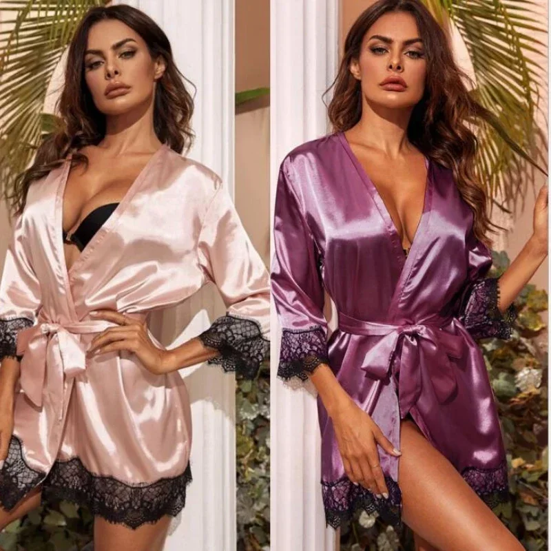 Camisola mulher noite lingerie sexy conjunto de tecido de seda gelo sexy rendas senhoras casa vestido camisola gravata cinto sexy conjunto de roupa interior