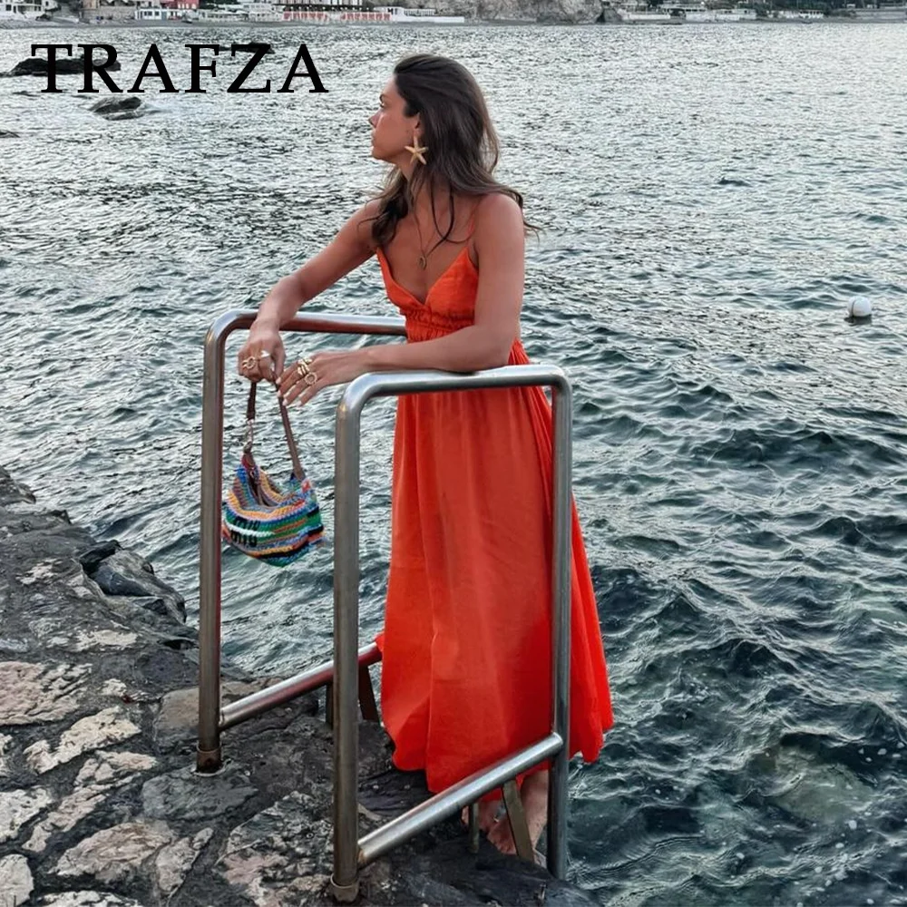 TRAFZA 2024 Spring Summer Beach Style Women Dresses Fashion Casual V Neck Solid Folds Sleeveless Camisole Elegant Ladies Dresses