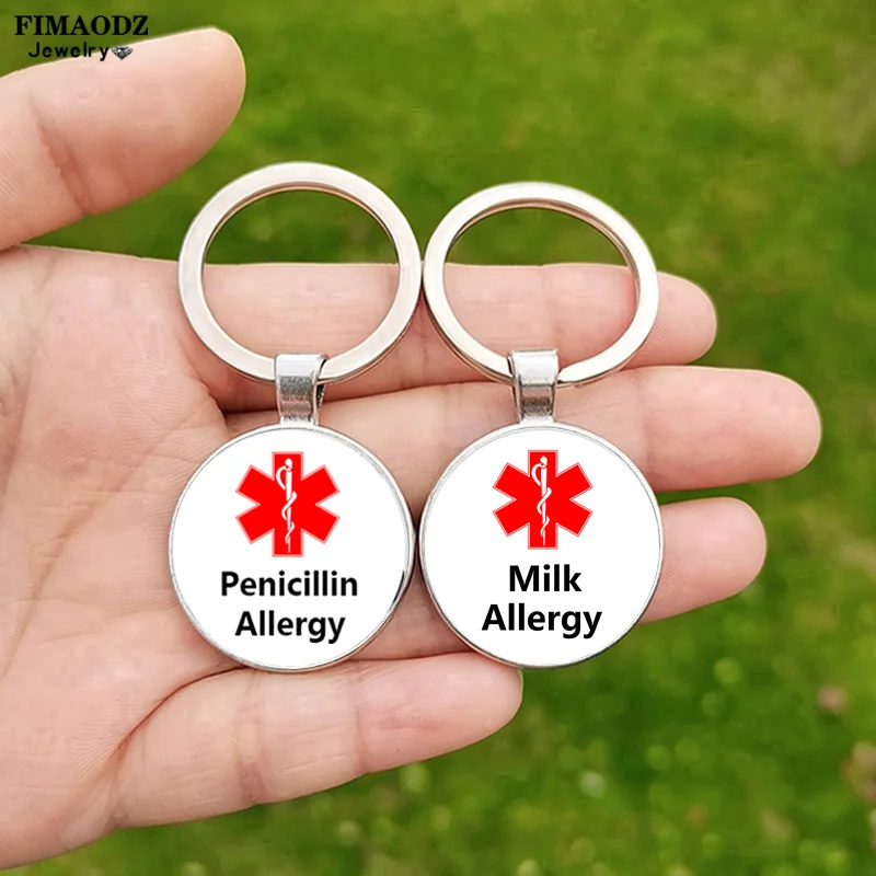 Penicillin Allergy Keychain for Women Men Peanut Seafood Milk Pollen Allergy Glass Gem Pendant Key Ring Chains Souvenir Gift