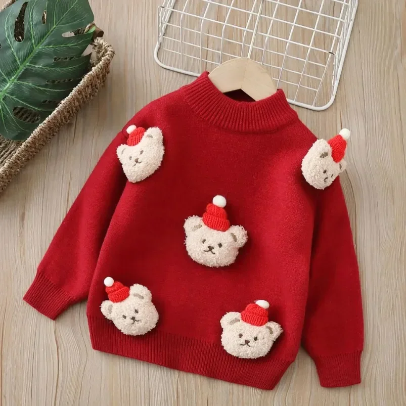 New Clothing Christmas Children's Sweater Thickened Boys and Girls Cartoon Bear Hand-knitted Bottoming Autumn and Winter Shirt