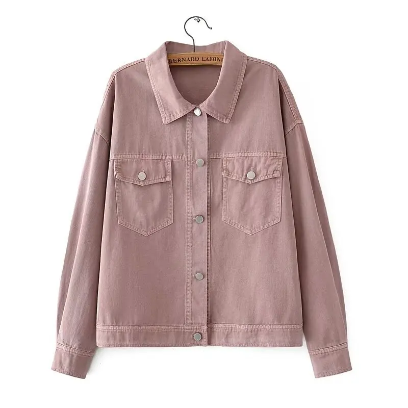 Plus Size Women's Jacket Fall New Pink Loose Vintage Outerwear Casual Twill Washed Cotton Coat 898