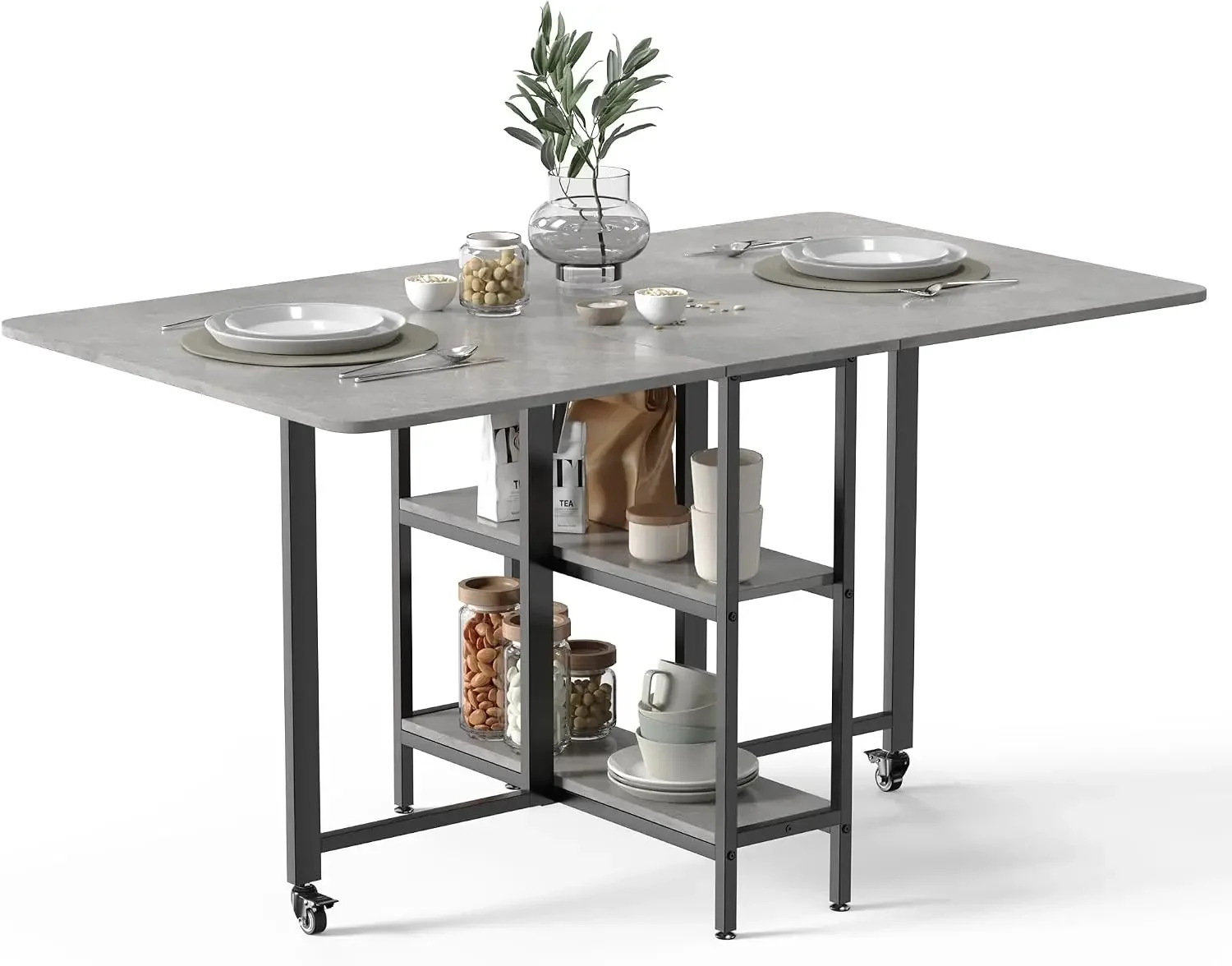 Mobile Folding Dining Table, Drop Leaf Table with 2 Open Storage Shelves for Small Spaces Dining Room Kitchen (55 inch)