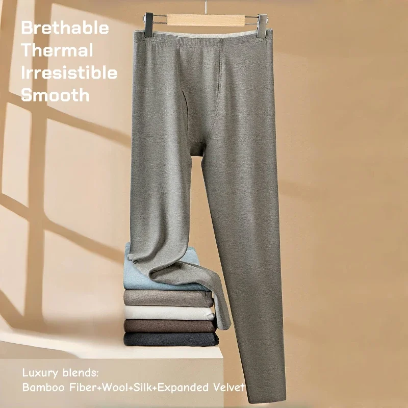 

Mens Thermal Long Johns Bamboo Fiber Silk Wool Blended Men Base Layer Fleece Thickened Men Thermal Underwear Bottoms