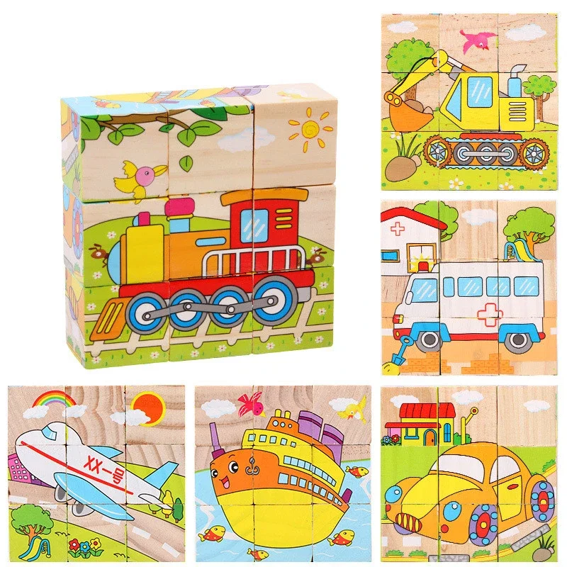 Baby Building Blocks Wooden Toys for Kids Toy Six Square Puzzle Stacking Stones Game Animals Fruit Transportation Stone Child