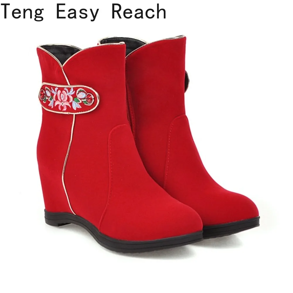 Women's Red Boots Autumn Winter Wedges Short Boots For Women Fashion Faux Suede Party Shoes Snow Boots Female Large Size 33-43