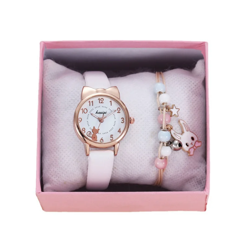 2pcs/setChildren's Student Style Girl Heart Animal Dial Belt Quartz Watch+Rabbit Bracelet