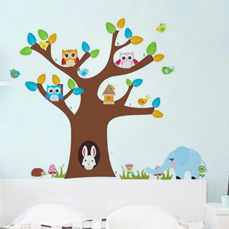 Lovely Owls Colorful Tree Wall Sticker For Kids Room Decoration Nursery Home Decal Removable Diy Cartoon Animal Wall Mural Art