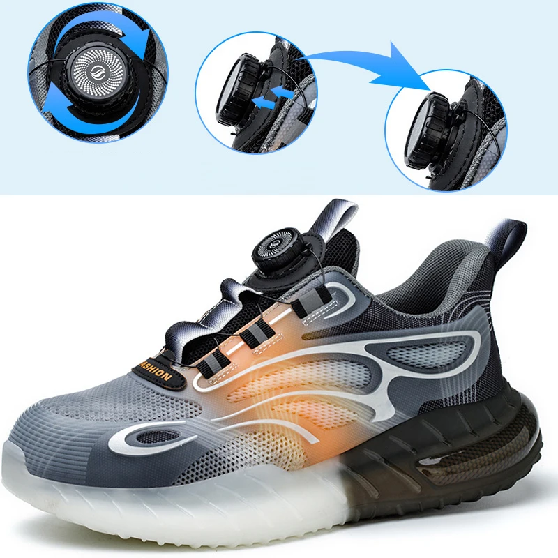 Zapatillas de deporte de moda para hombre, zapatos de seguridad con punta de acero, a prueba de perforaciones, con botón giratorio, protectores de seguridad, ligeros