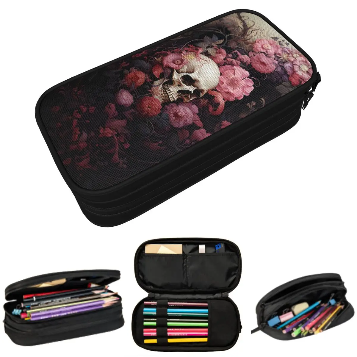 

Пенал с принтом черепов и цветов в темных тонах для детей, школьный пенал, сумка для ручек, канцелярские принадлежности, сумка-держатель для ручек