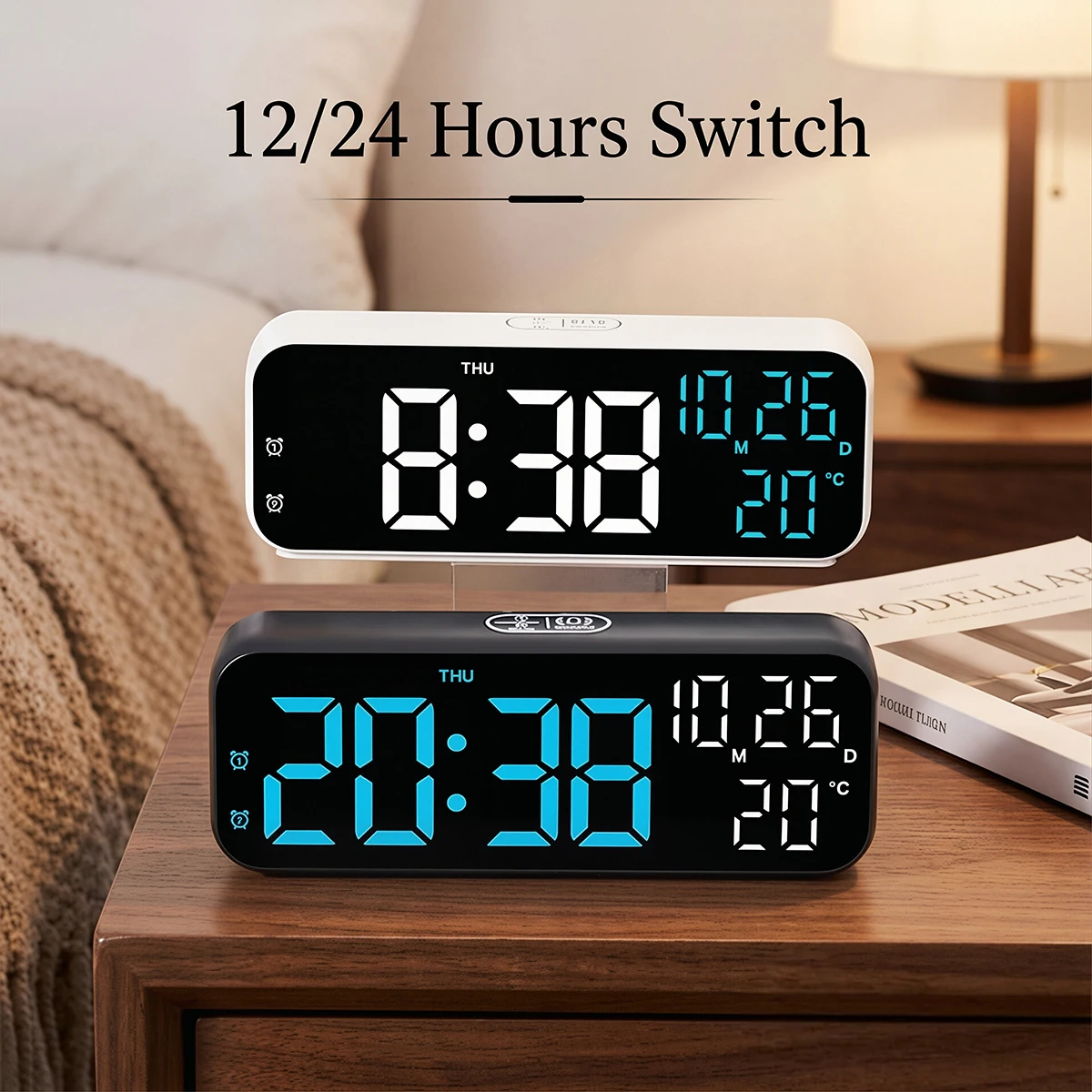Digital Alarm Clock Temperature & Date Week Display Night Mode Table Clock Voice Control 12/24H Electronic LED Alarm Clocks