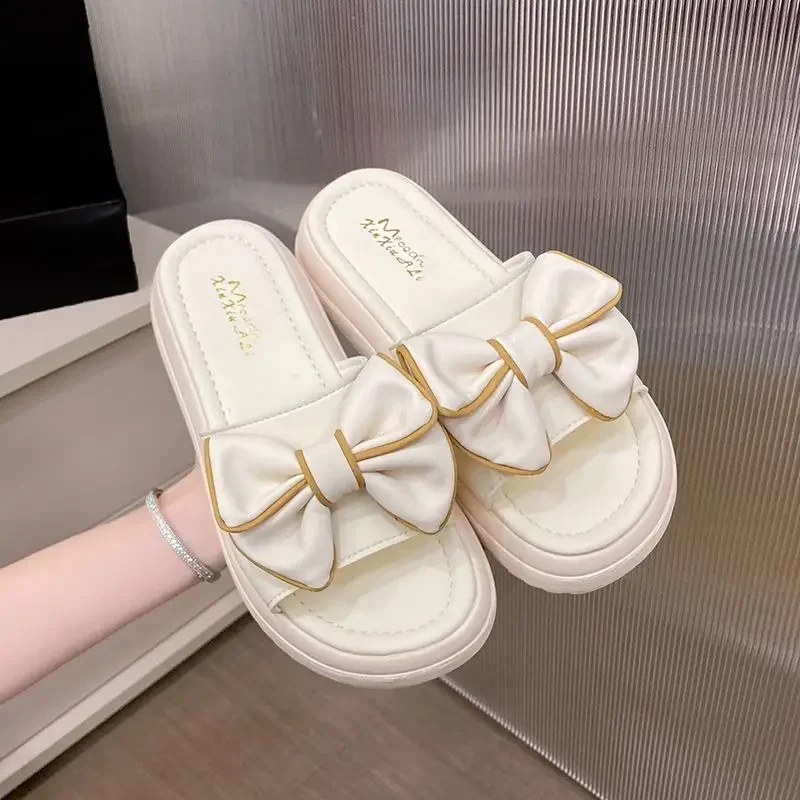 Sandals Height Open Toe with Bow on Word Woman Slippers House Shoes for Women Home Outside Thick Slides Indoor Off White Normal