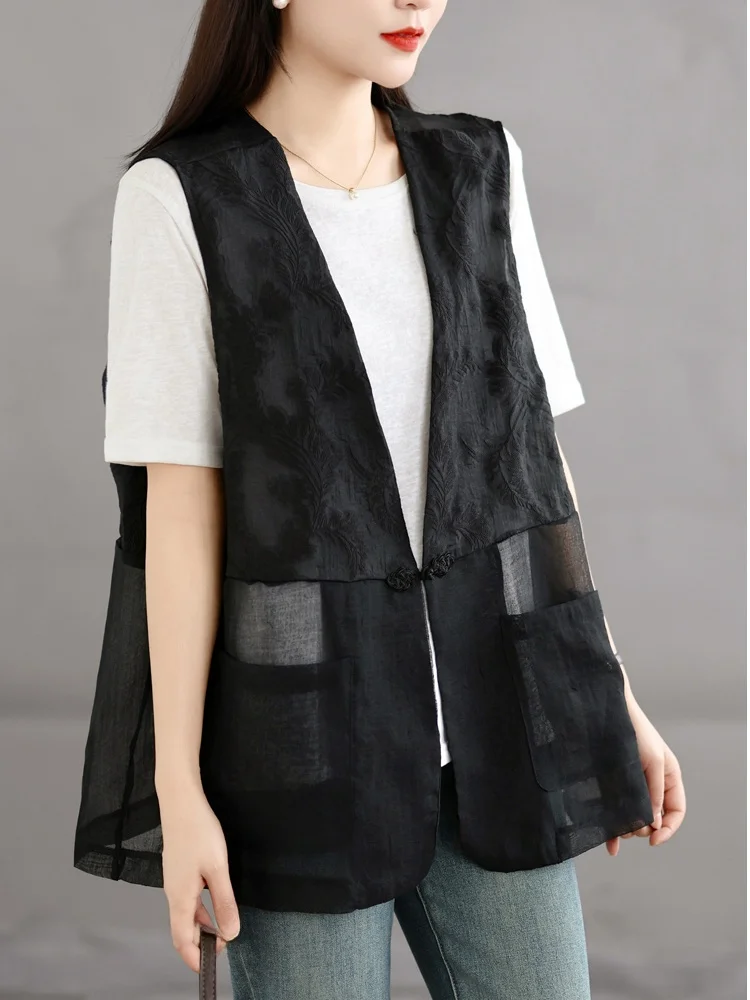 Elegant V-Neck Embroidered Silk Blend Women's Jacket Vintage Style Layering Top Chinese New Style Summer Outerwear
