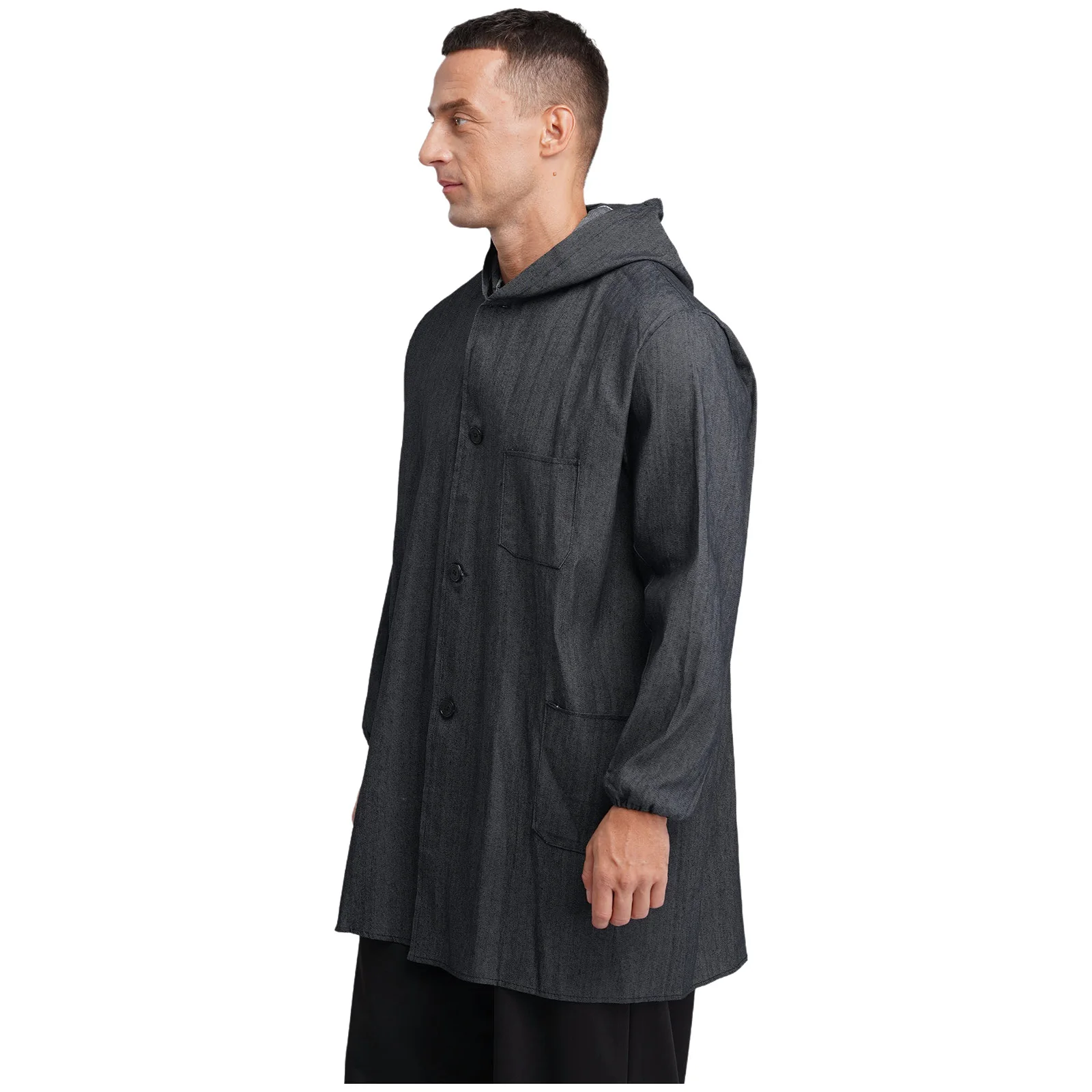 Męski kombinezon roboczy, wytrzymały, z kapturem, dżinsowy, zapinany na guziki, z kieszeniami, fartuch, kurtka, odzież warsztatowa, strój do malowania natryskowego.