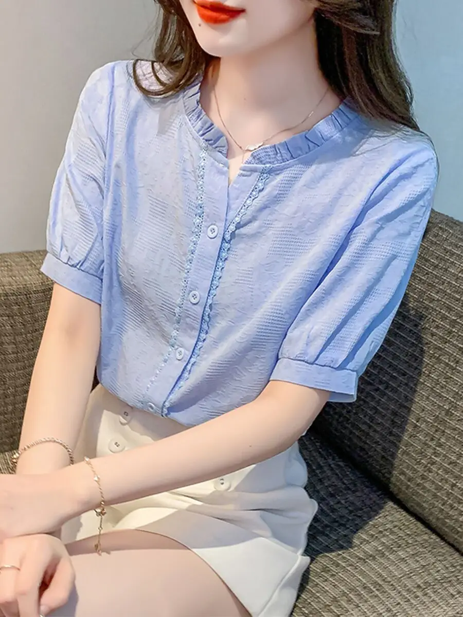 

Лето 2023, женский модный свободный воротник ort Sve irt, тонкий V-Ne, повседневный, универсальный, прямой крой, однотонный, на пуговицах