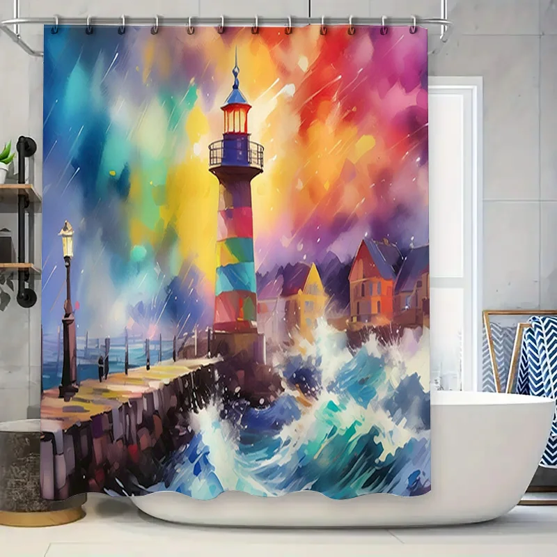 

Modern Bath Shower Curtain Colorful Lighthouse Design for Bathroom Decor