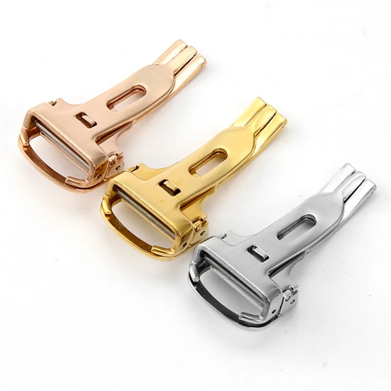 14mm 16mm 18mm 20mm 304L Stainless Steel Watch Strap for Leather Watch Band Metal Folding Butterfly Watch Clasp Accessories