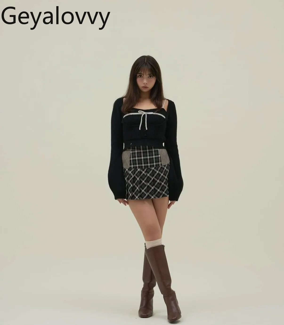 和風ハイウエスト万能チェック柄パッチワークAラインショートスカート秋新作甘い可愛い女の子プリーツミニスカートファルダス