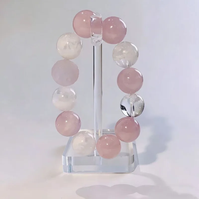 

Minar Exquisite 15mm Pink White Double Color Crystal Natural Stone Elastic Strand Bracelets for Women Ladies Casual Accessories