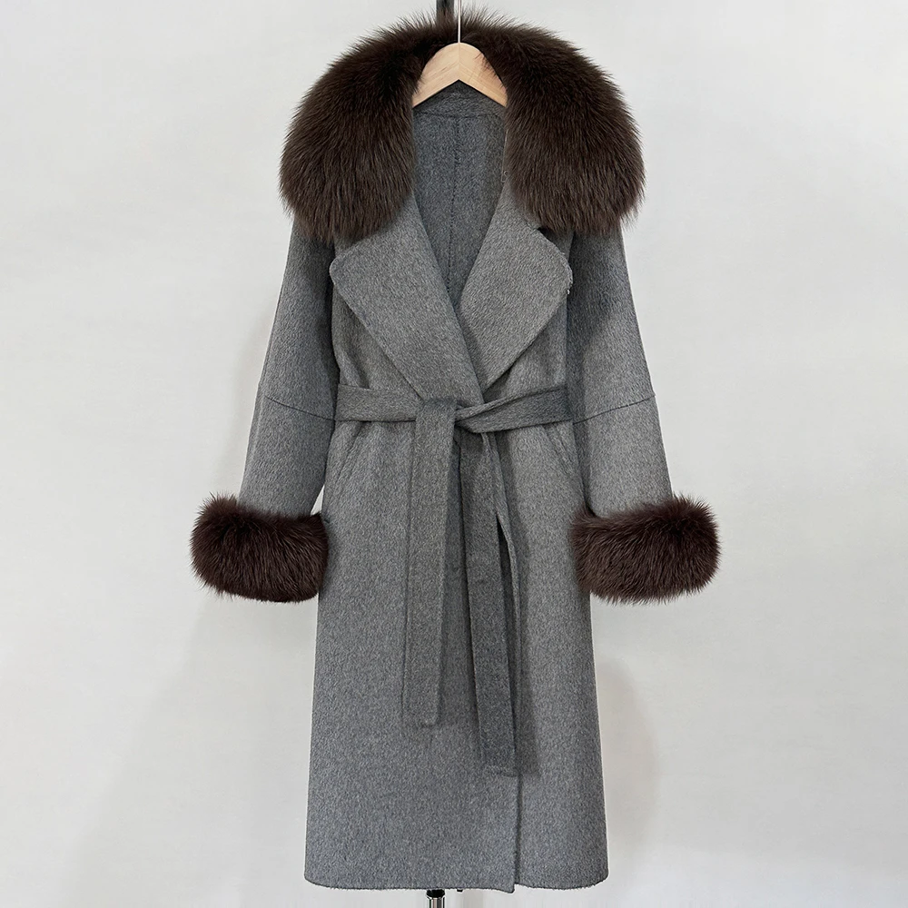 OFYBUY Modischer Warmer Wollmantel mit Echtfuchspelzkragen, Neue Herbst-Winter-Langkleidung für Damen, Eleganter Wollmantel mit Gürtel für Frauen – Detail 29