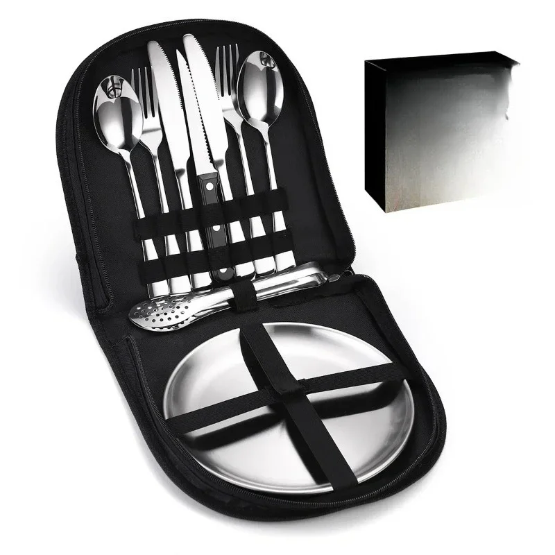 

Верхний набор столовых приборов из нержавеющей стали, 10 предметов, уличный набор столовых приборов, нож для кемпинга, пикника, вилка, ложка, портативная сумка для хранения