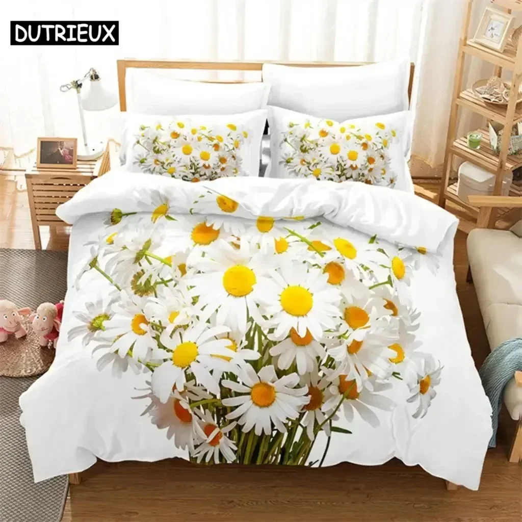 White Daisy Queen Comfortable Duvet Quilt Cover Pillowcase Bedding Set Children Bedroom Decoration Home Textile