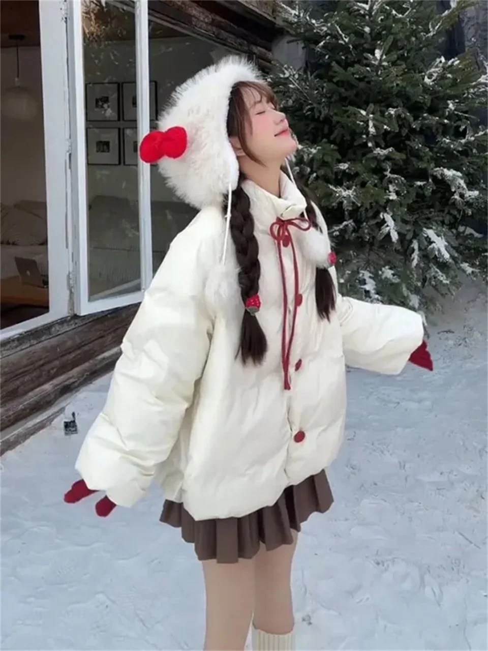 Japanese sweet style contrasting butterfly tie tied spicy girl cotton jacket winter thick and warm trendy women's top