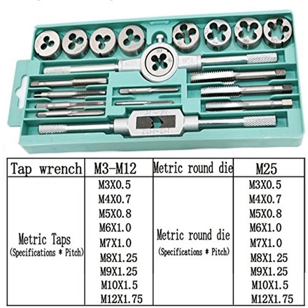 Hand werkzeuge 20 stücke hohe qualität tippen und sterben set metric gewinde tippen und stirbt einstellbare tap wrench1/8 -1/2 3mm-12mm