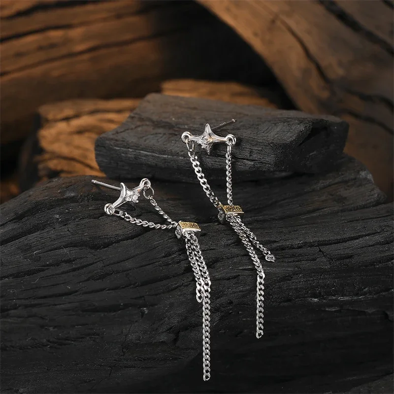 925 Sterling Silver Irregular Cross Star Earrings for Women Unique Design Tassel Chain Long Drop Earrings Light Luxury Jewelry